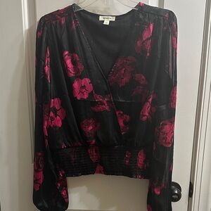 Tamara H Black Wrap Blouse with Pink Floral Pattern